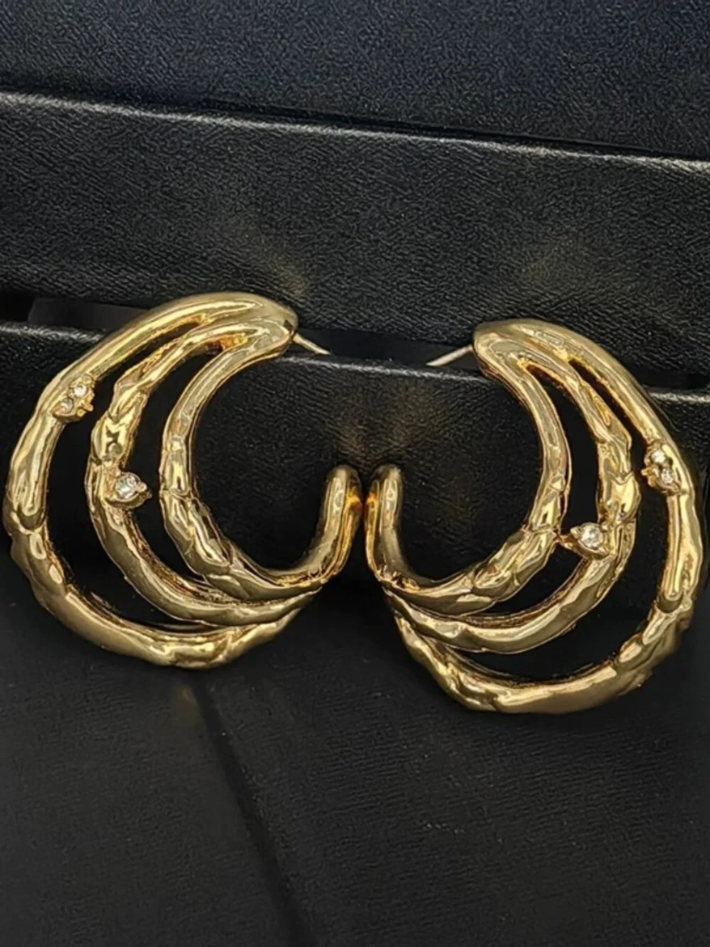 Textured Gold Multi-Layer C-Hoop Earrings with Crystal Accents
